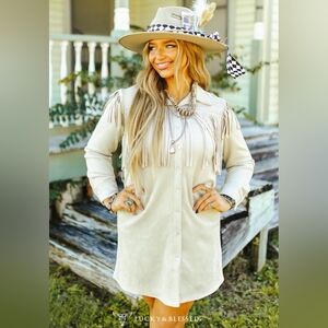 Cream Long Sleeve Fringe Shirt Dress